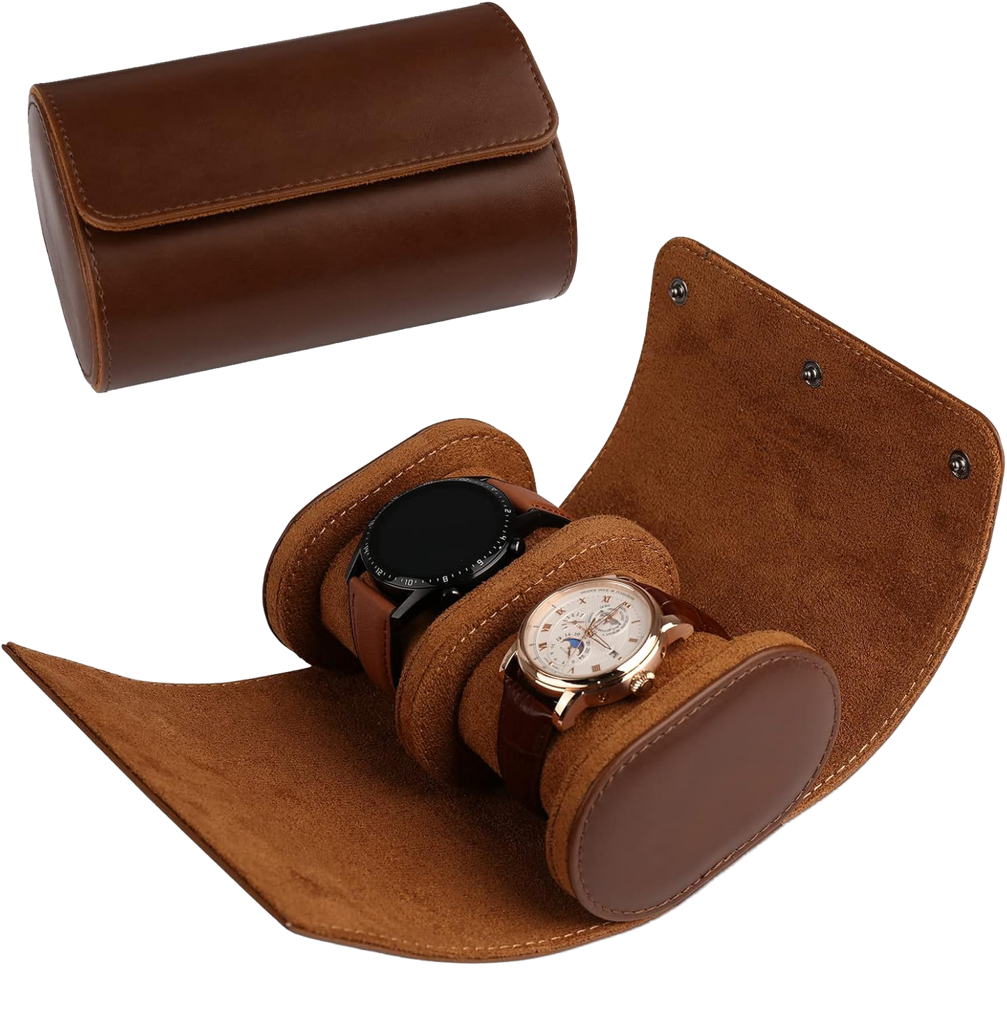 Étui de montre double en cuir marron