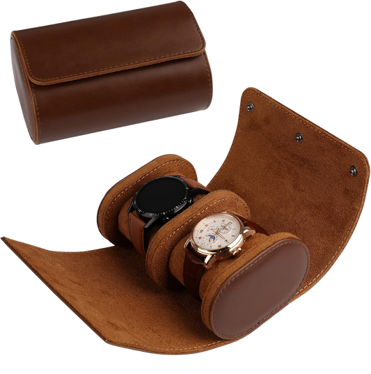 Étui de montre double en cuir marron